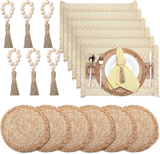 Zhehao 6 Set/18 Pcs Table Decor Set, Farmhouse Table Setting Kit with Woven Round Placemats, Burlap Placemats and Wooden Bead Napkin Rings, Rustic Wedding, Bridal Shower, Party Decorations