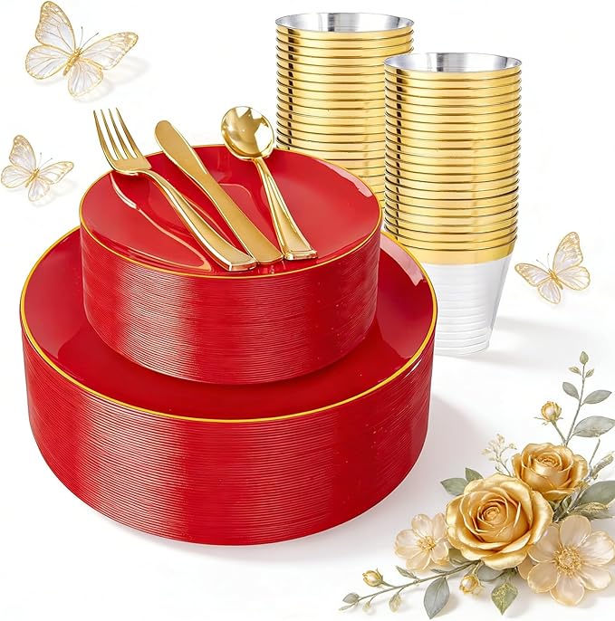 WDF 150Pcs Red Plastic Plates - Red Plates Disposable - 25Guest Christmas Dinnerware Include 25 Dinner Plate, 25 Dessert Plate, 75 Cutlery & 25 9oz Cups for Baby Shower Wedding Spring Mother's Day