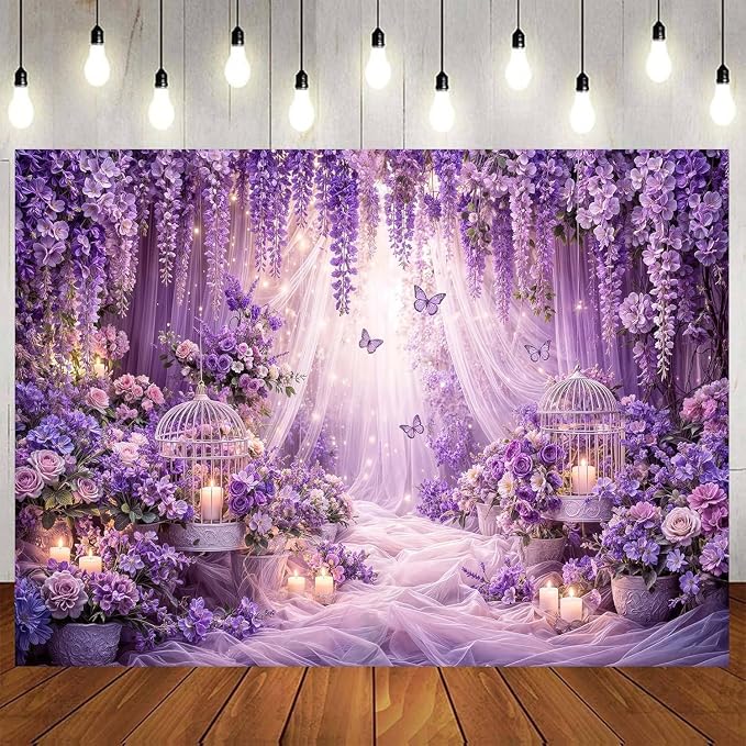 6x4ft Purple Butterfly Floral Backdrop for Photography Butterfly Flowers Girls Party Decorations Background Wedding Birthday Baby Shower Party Cake Table Decor Banner Photo Booth Props