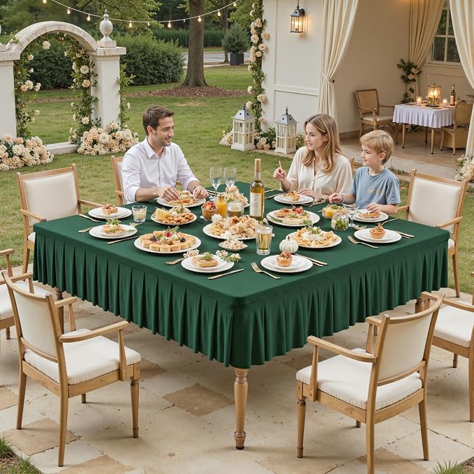 Shillance 48x48 Inch Green Spandex Square Tablecloth,Wrinkle Free Green Fitted Table Cloth for Square Tables,Washable Pleated Table Cover for Wedding Birthday Cocktail Party Buffet Dinner Camping