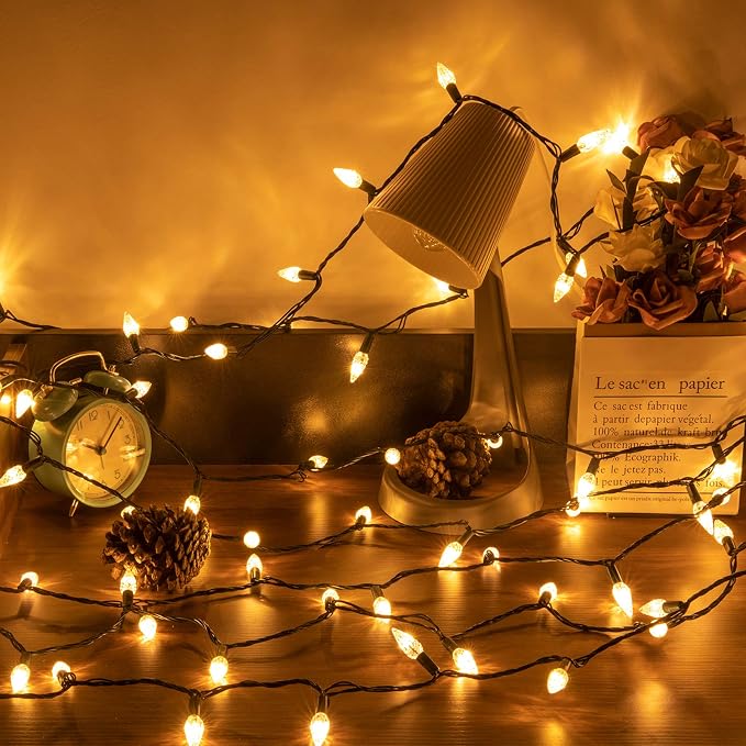 AWQ 200LED 66 FT C6 Christmas String Lights Plug in Fairy Twinkle String Lights 8 Modes Timer Function Waterproof Extendable for Indoor Outdoor Wedding Party Christmas Decoration (200, Warm White)