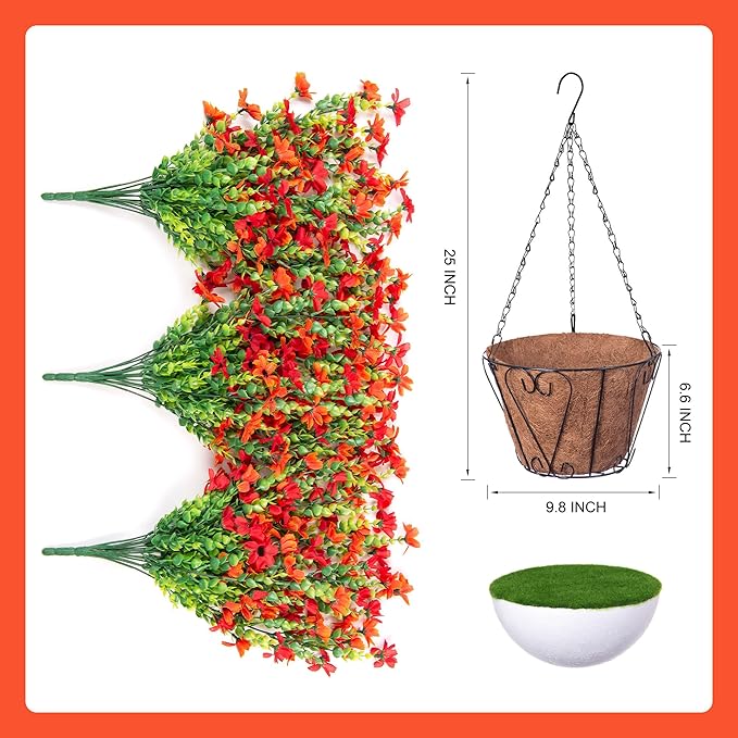 INXUGAO Artificial Hanging Flowers Plants with Basket for Outdoors, Realistic Faux Silk Daisy Flower Eucalyptus for Spring Decor, UV Resistant Fake Plants for Porch Patio Yard Balcony(Red Orange)