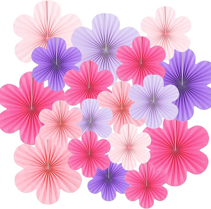 DODOKIM Paper Fans Party Decorations Paper Flowers Decorations for Wall Floral Backdrop Classroom Baby Shower Birthday Party Flower Wall Decor Pack of 18 Pink Purple