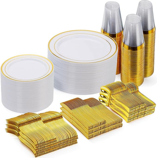 Goodluck 420 Pieces Gold Disposable Plates for 70 Guests, Plastic Plates for Party, Dinnerware Set of 70 Dinner and 70 Dessert Plates, 70 Spoons, 70 Forks, 70 Knives, 70 Cups