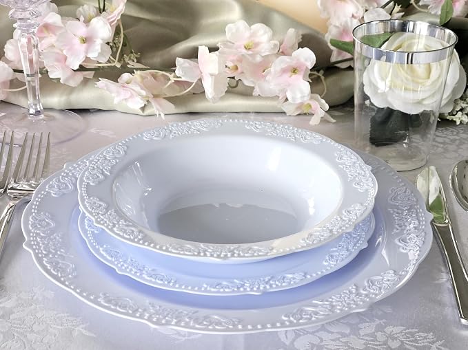 OCCASIONS 240 Fancy Blue Plastic Plates (120 Guests) - Heavy Duty Scalloped Dinnerware Set for Wedding Party, China-Like Look, BPA Free, 10.25" Dinner + 7.5" Salad/Dessert (Portofino Plain Blue)