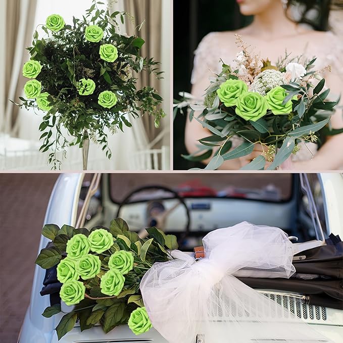 Artificial Flowers 50 Pcs Green Roses Real Looking Foam Fake Roses with Leaves for DIY Wedding Bouquets Bridal Shower Centerpieces Party Decorations (Green, 50)