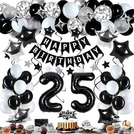 25th Birthday Decorations for Men Women, Black White and Silver Happy 25 Party Decor Set with 25 Number Foil Balloons, Banner, Cake Topper for Him Her