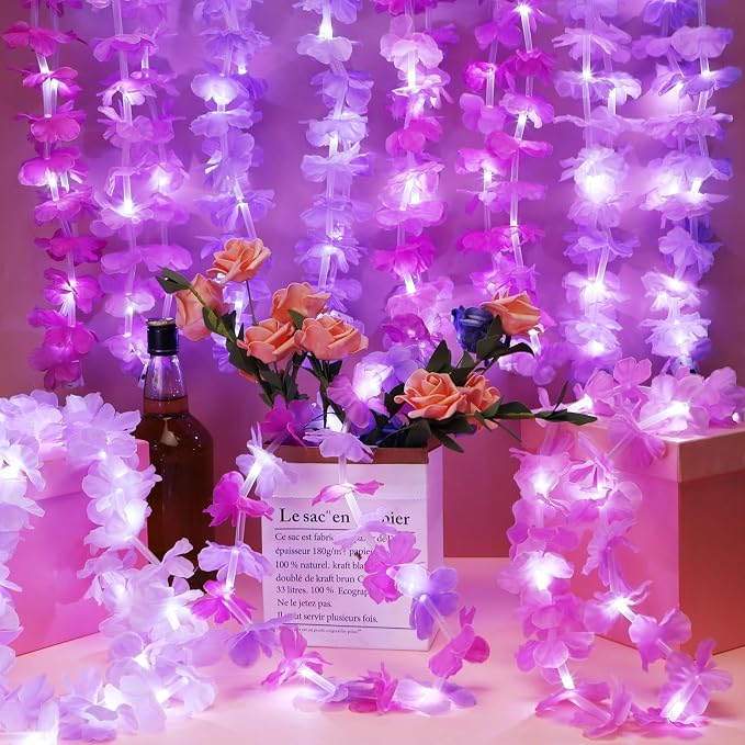 Sherr 48 Pcs LED Hawaiian Leis Light up Flower Leis Necklace with LED Lights Luau Flowers Necklaces for Masquerade Beach Wedding Tropical Themed Party Supplies(Various Purples)