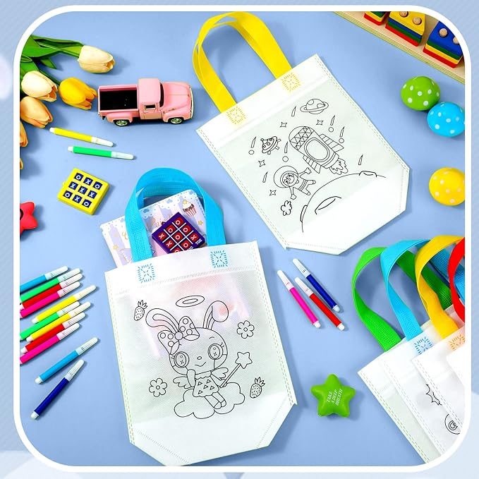 Chunful 60 Pieces Coloring Goodie Gift Bags for Kids Birthday Party Reusable Coloring Tote Bags Cute Cartoon Colorful Party Favor Non Woven with Colorful Pens DIY Crafts (Lovely with Maker)