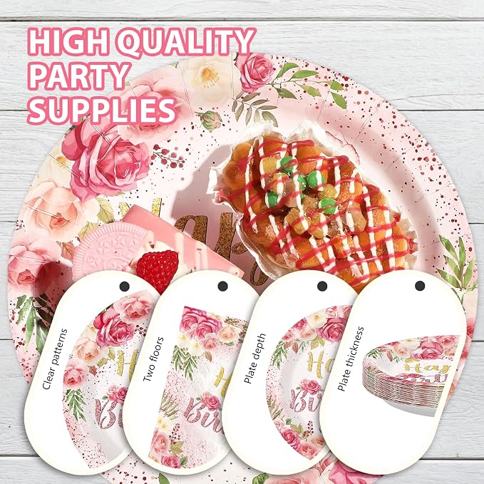 96Pcs Rose Floral Birthday Party Supplies Rose Gold Pink Floral Plates and Napkins Tableware Sets for Womens Girls Lady Happy Birthday Flowers Party Decorations Serves 24