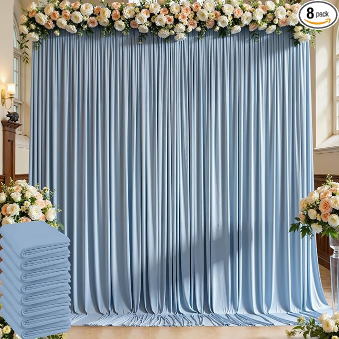 40ft×10ft Wrinkle Free Dusty Blue Backdrop Curtain for Parties, 8 Panels 5×10 ft Soft Silky Polyester Photo Backdrop Drapes for Wedding Birthday Baby Shower Photography Home Decor