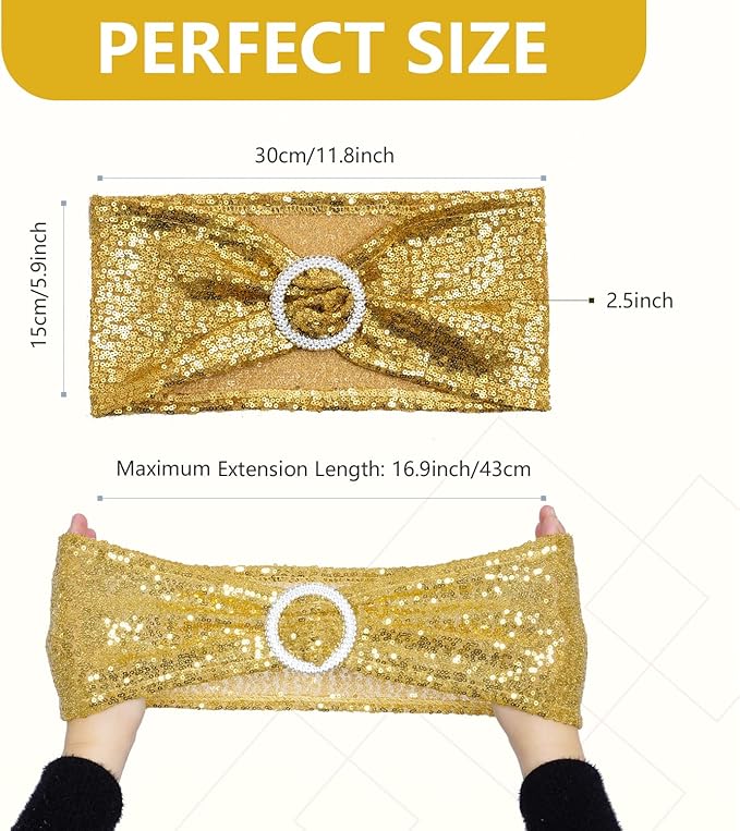 SquarePie Pack of 50 Sequin Chair Sashes Bands Glitter Gold Double-Sided Sequins Stretch Chair Cover Bows with Buckle Slider for Wedding Party Fiesta Banquet Decor