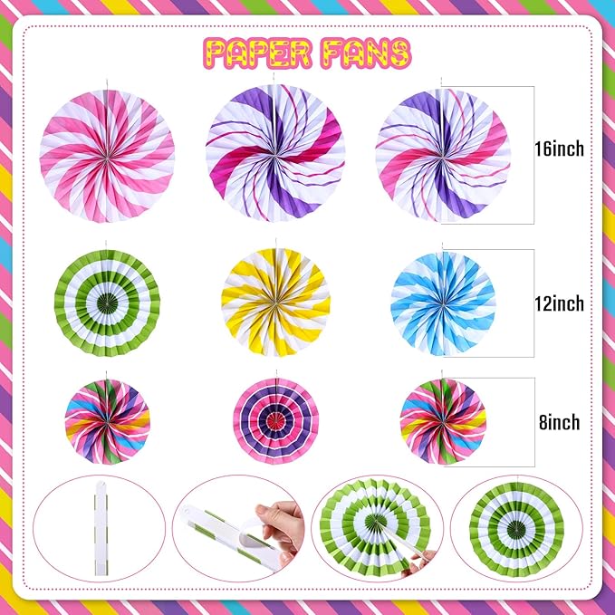 Outus Hanging Decorations Candy Party Paper Fans Lollipop Tissue Pom Poms Colorful Candy Themed Paper Lanterns for Candyland Party Supplies Classroom Ceiling Wall Decor