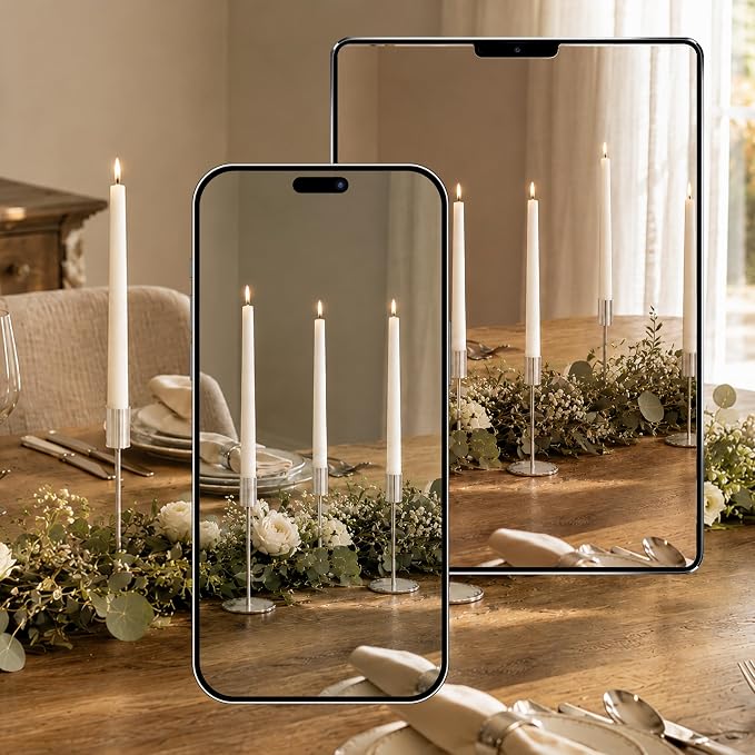 zeochyni Silver Candlestick Holders Set of 12 for Home Decor | Metal Taper Candle Holders Bulks in 3 Heights with Weighted Base for Dining, Wedding, Mantel Decor and Housewarming Gift
