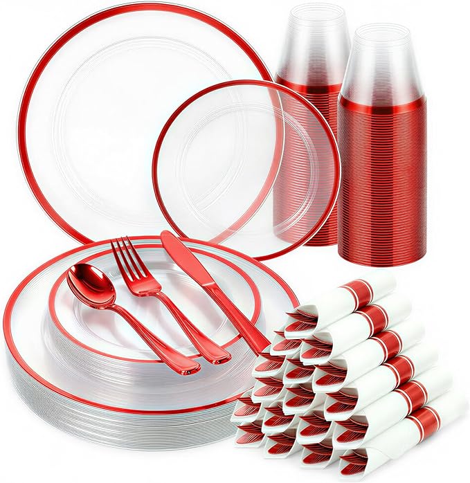 175pcs Plastic Plates for Party Clear & Red | Disposable Plastic Dinnerware Set for 25 Guests Include 50 Plastic Plates,25 Cups & 25 Pre Rolled Napkins with Cutlery Set