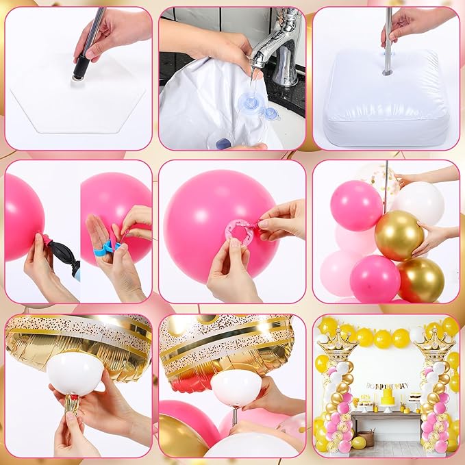 Kasyat 2 Sets Princess Party Balloon Column Stand Kit with 2 Crown Foil Balloons 100 Latex Balloons, Adjustable Stands Pink and Gold Balloon Stand Kit for Baby Shower Birthday Party Supplies