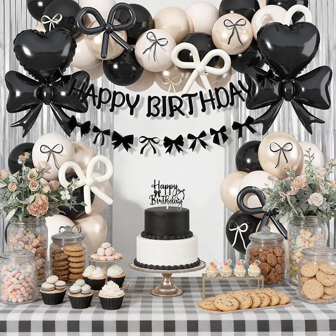 Black Bow Birthday Party Decorations, Coquette Bow Black Sand White Beige Balloons with Bows Decor Happy Birthday Banner Fringe Curtain for Women Girls Bows Theme Bachelorette Baby Shower Party