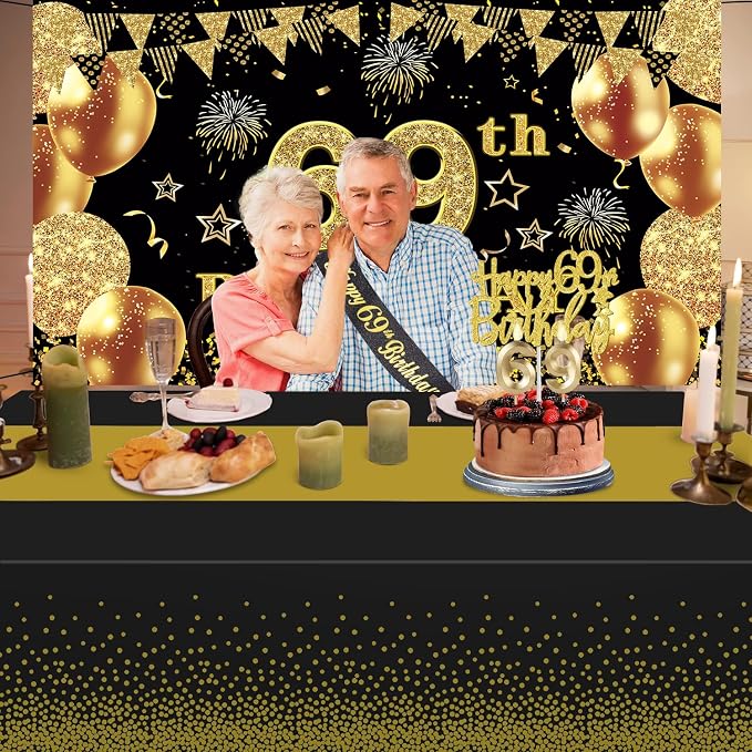 69th Birthday Decorations Men Women with 69th Birthday Banner, Black and Gold Table Cloth, Number Balloons, Large Sash, Cake Topper and Candles