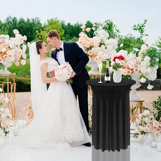 Kochorie 4 Pieces Cocktail Table Skirt Round Cocktail Table Covers 32 x 43 Inch Spandex Stretch High Top Table Cloth for Wedding Table Bar Banquet Party Supplies (Black)