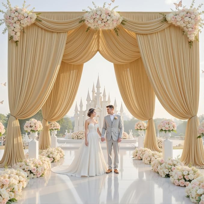 40x14ft Beige Backdrop Curtains for Wedding Party, 8 Panels 14 ft Long Back Drop Cloth, Wrinkle-Free Polyester Drapes for Birthday, Baby Shower, Stage Photography Background