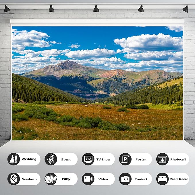 Mountain Backdrop Forest Pine Trees Natural Landscape Photography Background White Clouds Blue Sky Outdoor Backdrops River Stream Jungle Style Background Forest Green Hills Backdrop Props 7x5ft