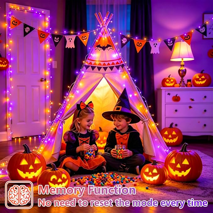 YEGUO Battery Operated Halloween Lights, 2 Pack Each 33ft 100 LED Orange and Purple String Lights Outdoor Waterproof, 8 Modes Clear Wire Christmas Twinkle Lights Indoor with Remote