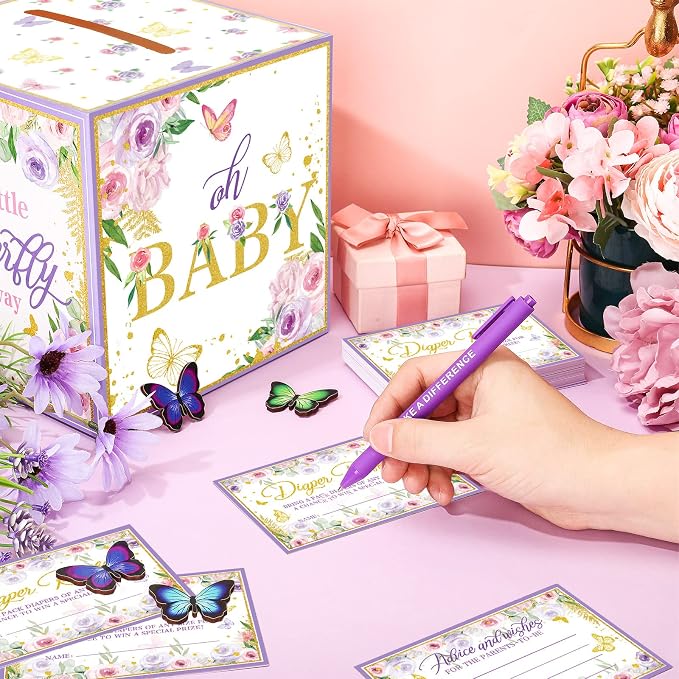Teling 51 Pieces Diaper Raffle Tickets with Card Box Baby Shower Decorations Baby Shower Holder Box for Girl Boy Diaper Raffle Party(Butterfly Style)