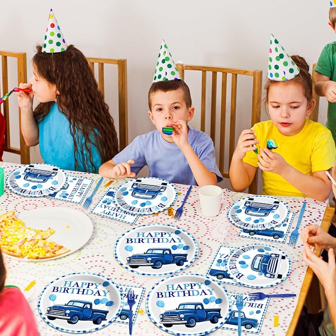 96 Pcs Blue Truck Party Decorations Blue Truck Happy Birthday Plates and Napkins Farm Car Theme Tableware Set Blue-White Themed Party Supplies for Kids Boys Birthday Baby Shower Serve 24