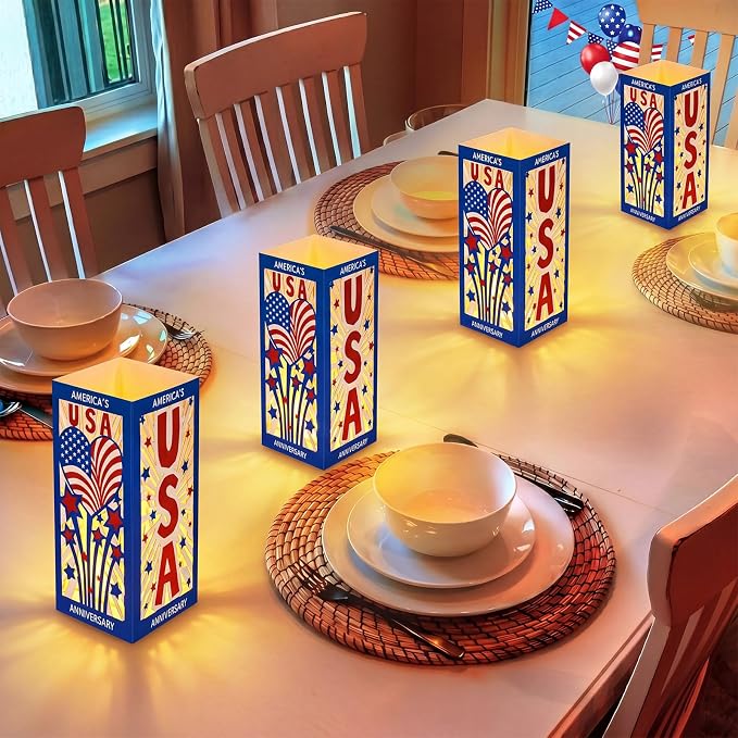 Gerrii 6 Pcs 250th Anniversary Table Centerpieces Boxes with USA Cutouts LED Light USA Patriotic Table Lantern Tabletop for 250th 4th of July Independence Memorial Day Party Supplies