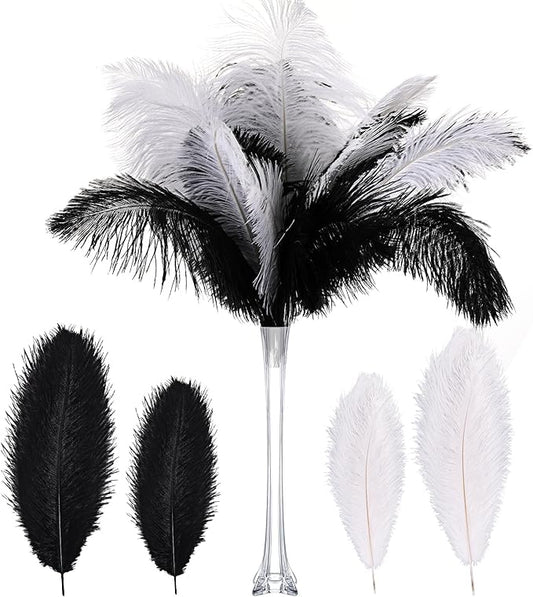 XunYee 60 Pcs 1920s Natural Ostrich Feathers Bulk 10-12 Inch/ 12-14 Inch Natural Large Feather for Wedding Dancing Birthday Party Centerpieces Carnival Decorations(Black and White)