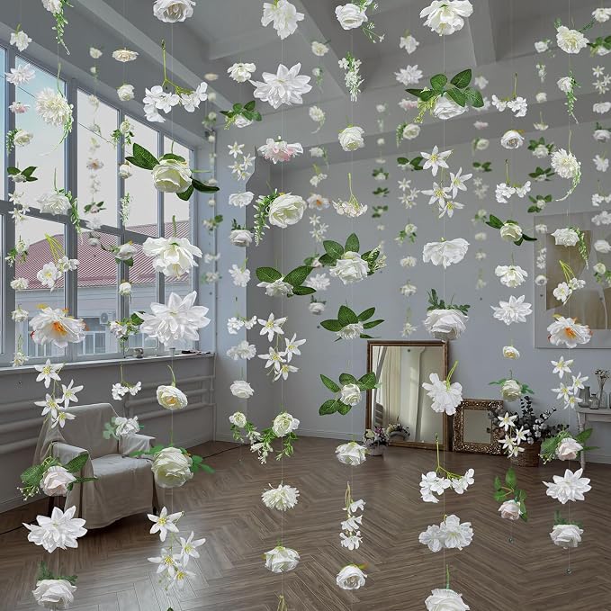 Suncalla 12 Pcs 70.8 ft Wildflower Garland Pre Strung Artificial Hanging Flower Vine Backdrop Decor from Ceiling Floating Silk Floral Garland for Garden Wedding Bridal Shower(Boho,White)