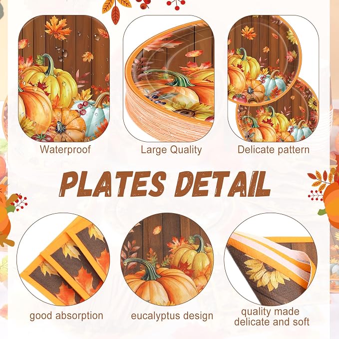 Pickmesh 400 Pcs Thanksgiving Plates and Napkins Set, Fall Pumpkin Paper Plates and Cups with Plastic Cutlery, Pumpkin Maple Leaf Disposable Tableware for Autumn Harvest Party Supplies