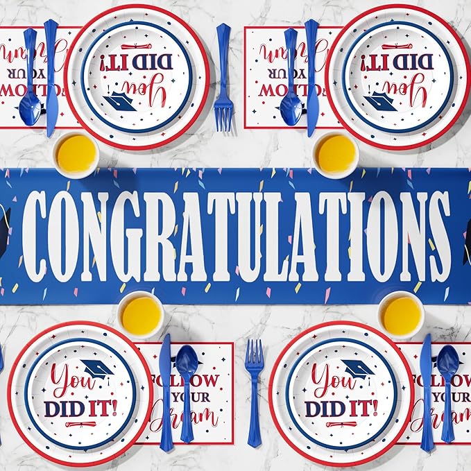 Ecomore Graduation Decorations Class of 2026, 350 PCS Graduation Party Supplies College High School Grad Decor Disposable Dinnerware (Serve 50) Paper Plates Cup Napkin Fork Knife Spoon (Red & Blue)