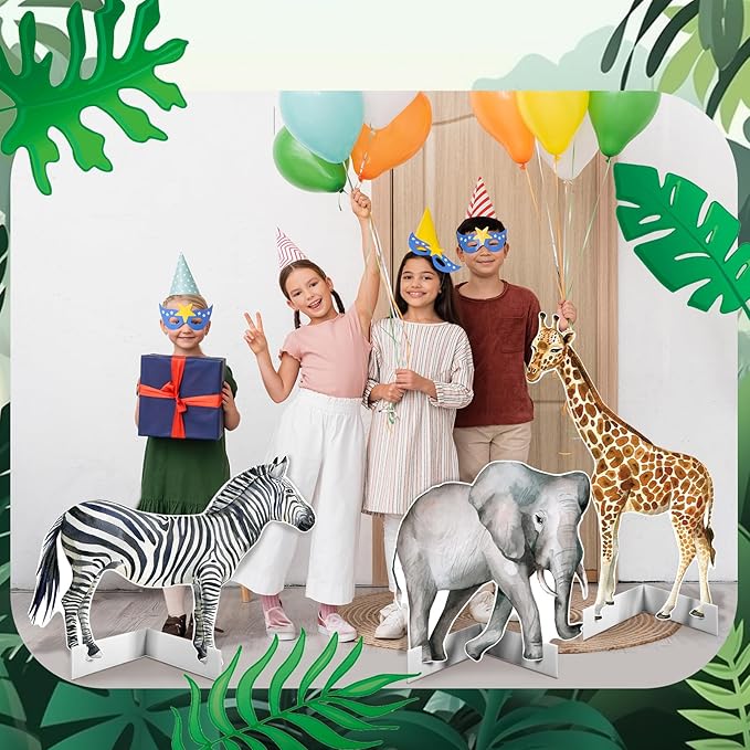 Amyhill 3 Pcs Jungle Safari Animal Cardboard Cutout Standup Life Size Safari Birthday Party Decorations Elephant Giraffe Zebra Cardboard Cutouts for Baby Shower Birthday Party Photo Backdrop Favors