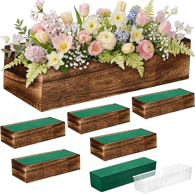 Dandat 6 Set Wood Boxes for Centerpieces 12x4 Inch Rectangle Wooden Planter Box Rustic Wood Planter with Removable Plastic Liner Floral Foam Blocks for Centerpieces Home Wedding Garden Decor