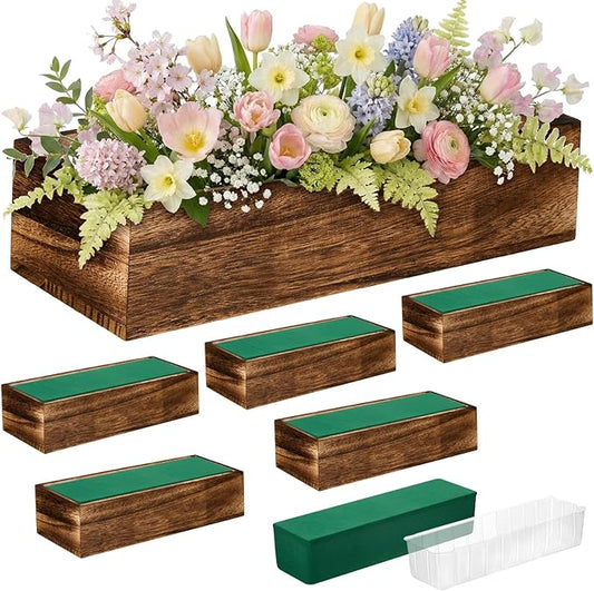 Dandat 6 Set Wood Boxes for Centerpieces 12x4 Inch Rectangle Wooden Planter Box Rustic Wood Planter with Removable Plastic Liner Floral Foam Blocks for Centerpieces Home Wedding Garden Decor
