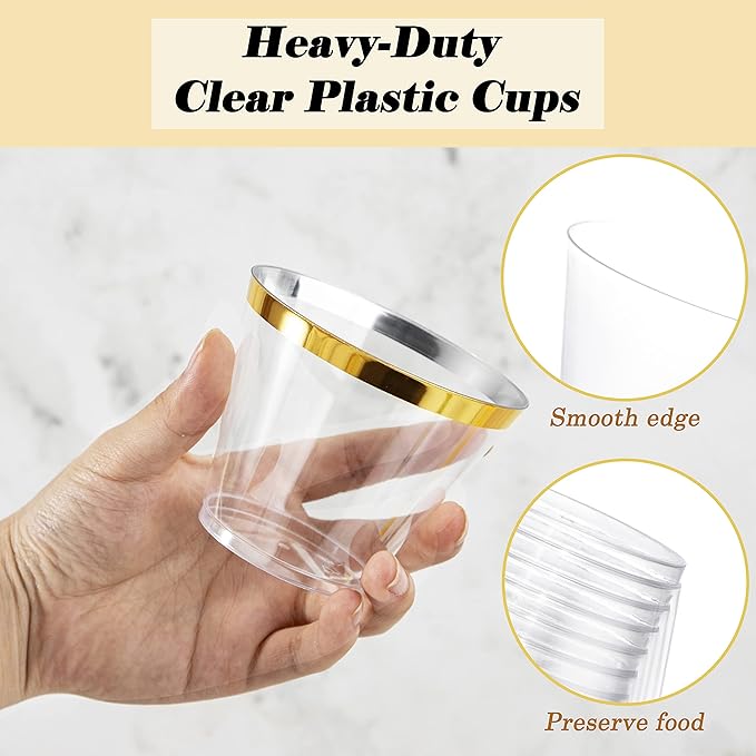WDF 200 Pack Gold Plastic Cups - 9 Oz Elegant Clear Plastic Cups Gold Rimmed - Fancy Disposable Party Cup Wedding Cup Drinking Tumblers Cocktail Glasses for Thanksgiving
