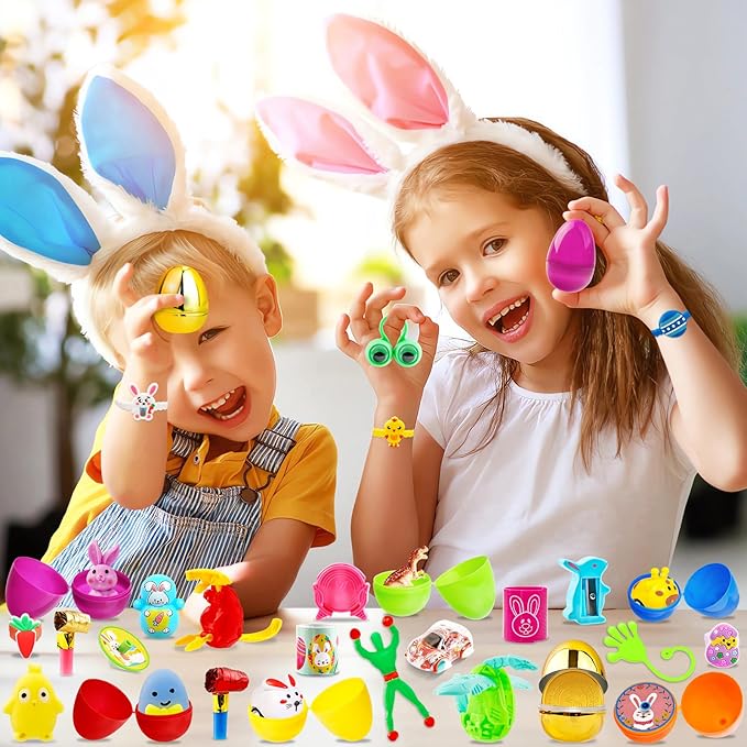 [ 6 Surprise Golden Eggs ] 200Pcs Prefilled Easter Egg with Assorted Toys, Bulk Plastic Easter Eggs Fillers for Kids, Basket Stuffers,Egg Hunt Party Favors Classroom Prizes Supplies for Boys Girls