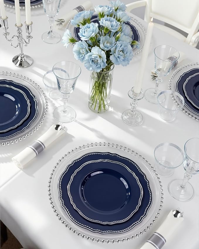 Hioasis 350pcs Blue Silver Plastic Plates - Silver Plastic Dinnerware Set Includes 50 Dinner Plates, 50 Dessert Dinnerware, 50 Cups, 50 Napkins Perfect for Wedding & Party