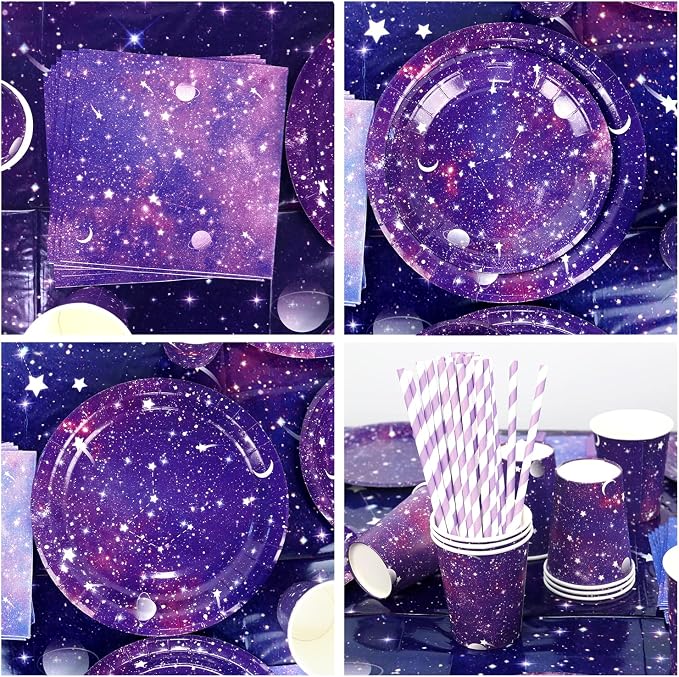 Galaxy Party Supplies,Includes Space Galaxy Birthday Backdrop, Plates, Napkins, Cups ,Tablecloth, Balloons,Foil Balloons, for 20 Guests Galaxy Outer Space Theme Birthday Party Decoration