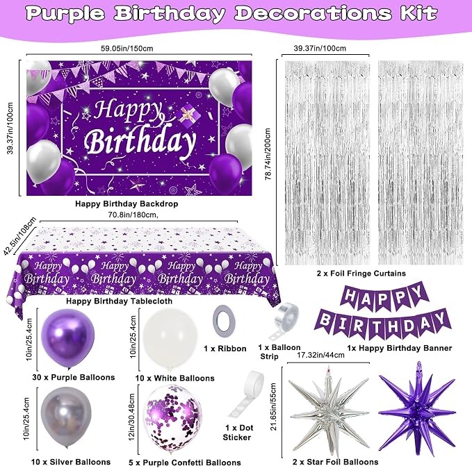 Purple Birthday Decorations for Women Girls, Lavender Purple Silver Party Decorations Kit with Happy Birthday Banner Backdrop Tablecloth Fringe Curtain Balloon Arch