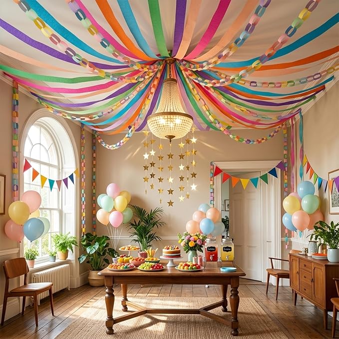 300 Paper Chain Garland Strips Kit with 59ft 72PCS Pennant Banner Flags & 30 Pack 12 in Balloons, Pre Cut Paper Chain Strips with 492ft Crepe Paper Streamers for Party Birthday Decoration