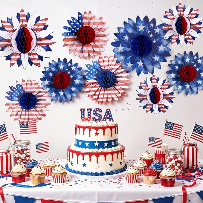 SUNBEAUTY 4th of July Patriotic Decorations Red White Blue Hanging Honeycomb Balls Independence Day Paper Honeycomb Flower for Memorial Day USA Flag Veterans 250th Anniversary Party Supplies