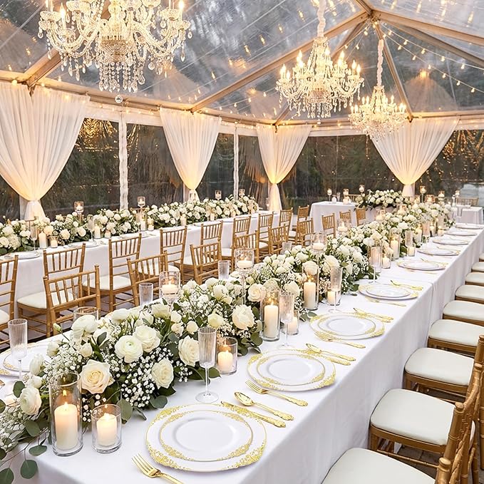 102PCS White and Gold Plastic Plates - Heavy Duty Gold Disposable Plates Include 51PCS 7.5inch Dessert Plates, 51PCS 10.25inch Dinner Plates for Wedding & Parties