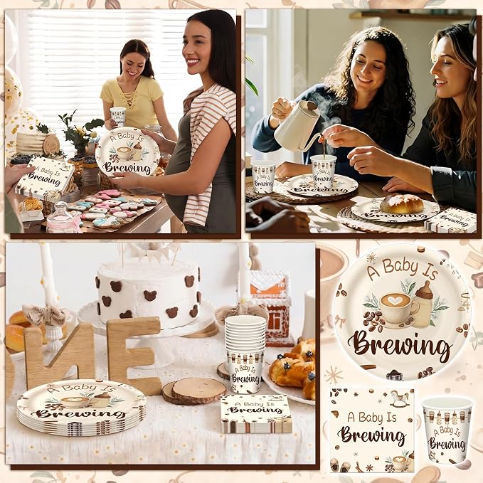 Hushee 200 Pcs a Baby Is Brewing Baby Shower Paper Plates Cups Napkins Coffee Party Supplies Tableware Set Decorative Disposable Cup Napkin for 50 Guest Party Decoration