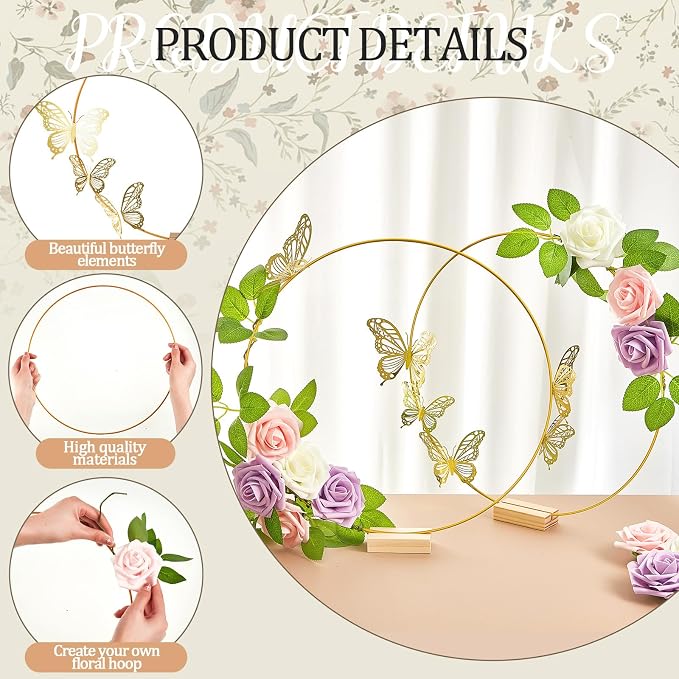 Vercraft 12 Set butterfly Metal Floral Hoop Table Centerpieces Include Metal Ring with Base 3D Butterfly Decoration, PE Foam Flower, Adhesive Dots, Gold Wires for DIY Wedding Baptism Party(Round)