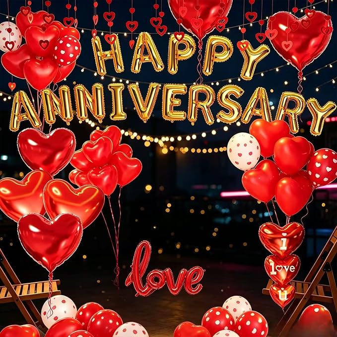 Happy Anniversary Decorations, Red Heart Balloons, Happy Anniversary Banner, Heart Hanging String, Rose Petals, Romantic Decor for Wedding, Valentines Day