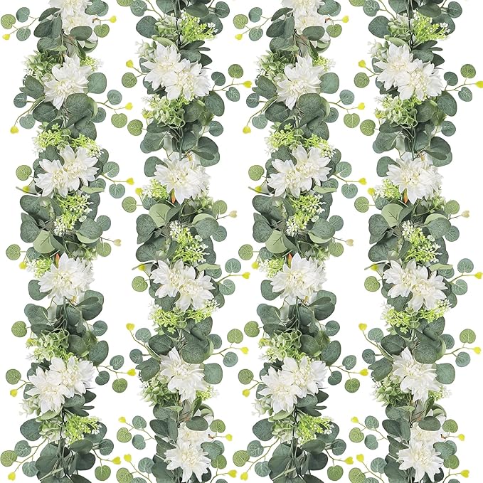 Dremisland Artificial Flowers Garlands 4 Pack 24Ft Eucalyptus Garlands with Flowers Dahlia Flower Vines Hanging Floral Garland for Wedding Arch Bedroom Home Wall Backdrop Room Decor