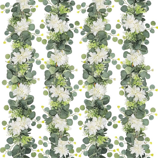 Dremisland Artificial Flowers Garlands 4 Pack 24Ft Eucalyptus Garlands with Flowers Dahlia Flower Vines Hanging Floral Garland for Wedding Arch Bedroom Home Wall Backdrop Room Decor