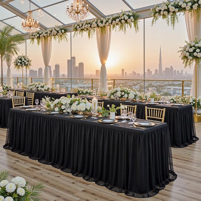 familus Black Table Cloths 6 Foot Rectangle 6 Pack Stretch Ruffle Tulle Tablecloth Spandex Fitted Table Cover for 6 Foot Tulle Table Skirts for Party Wedding Table Cloths, Banquets